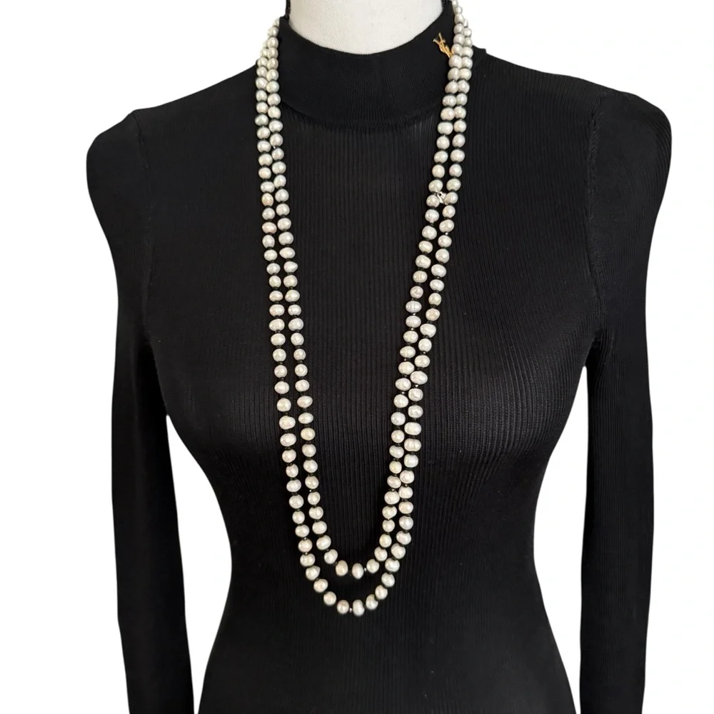 Carolee Classic White Pearl Long Necklace with Black Rhinestones